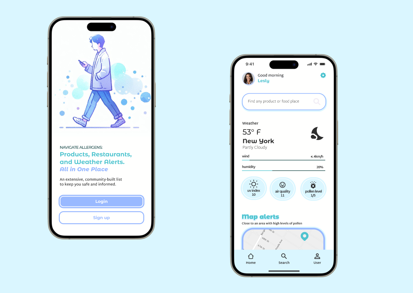 Mockup de la pantalla de inicio de sesión junto a la pantalla principal de Preventia, mostrando alertas de clima, seguimiento de alérgenos en un mapa y una lista personalizada de alérgenos añadidos por el usuario.