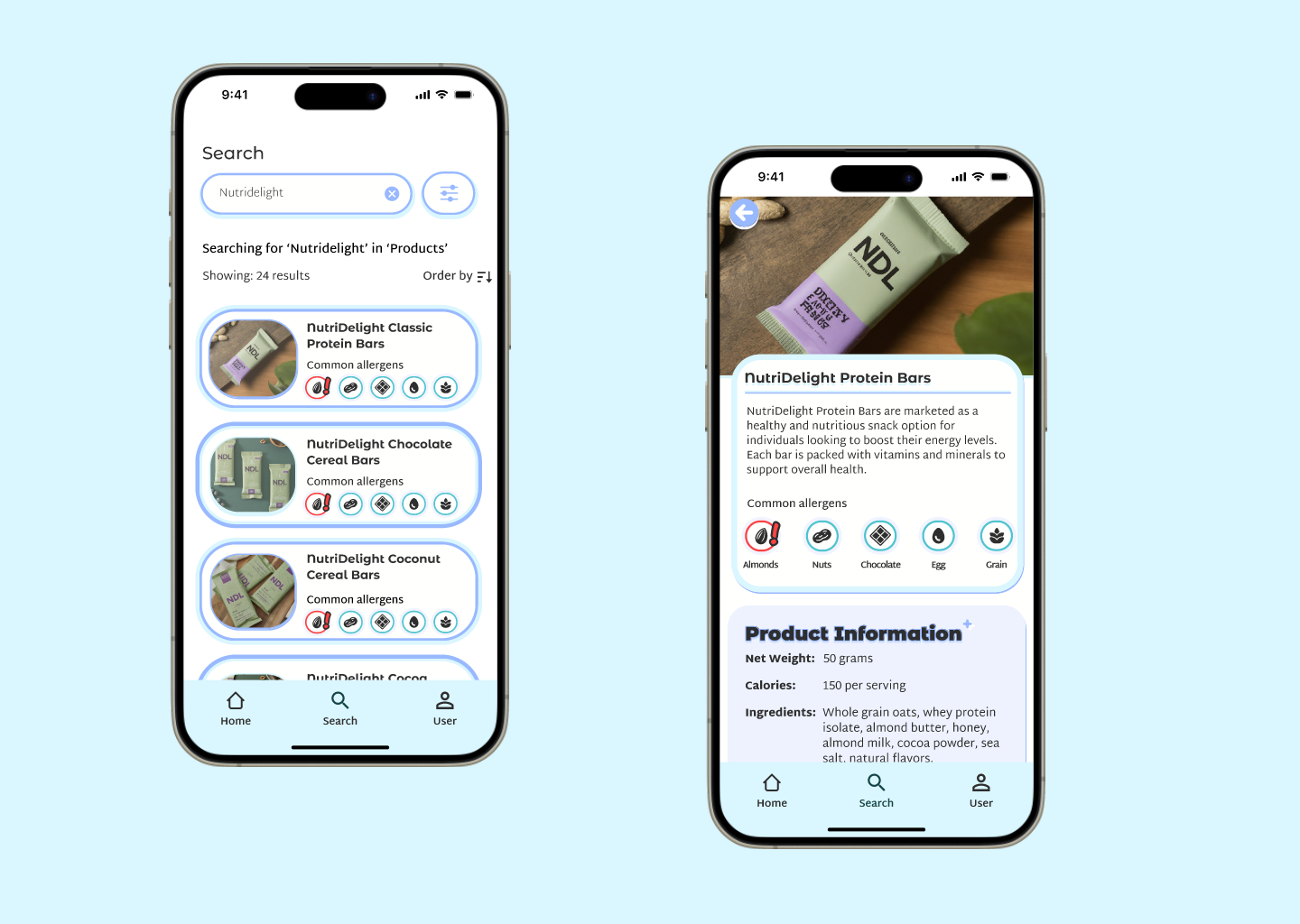 Mockup de la página de resultados de búsqueda en Preventia, mostrando productos y ubicaciones específicas con información detallada sobre alérgenos para tomar mejores decisiones.