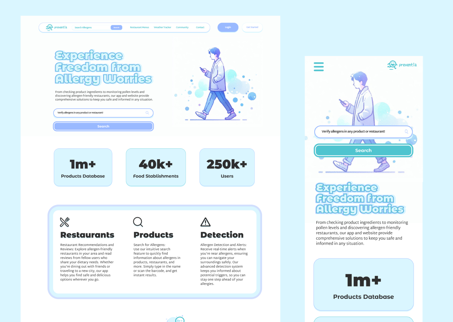 Comparación de la versión web y móvil de Preventia, mostrando la pantalla principal junto con estadísticas como el número de alimentos en la base de datos y detalles sobre funciones como alérgenos, clima, restaurantes y más.