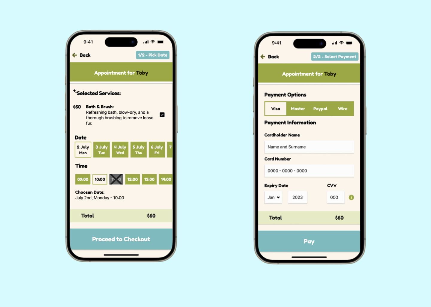 Pawper's Mock-up Screen for Appointments and Payments