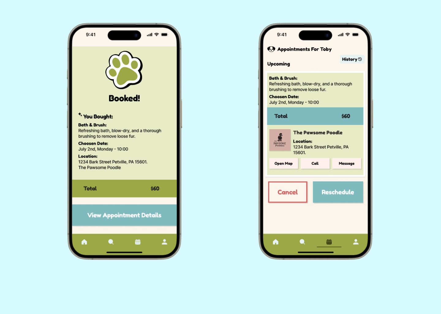 Pawper's Mock-up Screen for Booking and Schedule