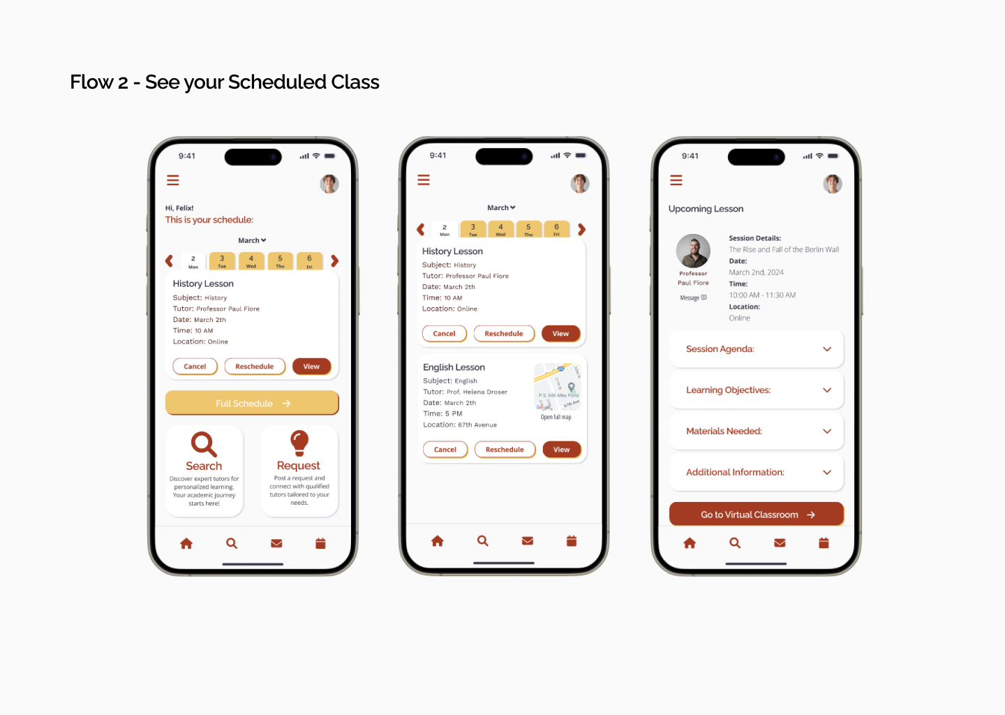 Flow mockup showing a student accessing their schedule and class preparation details